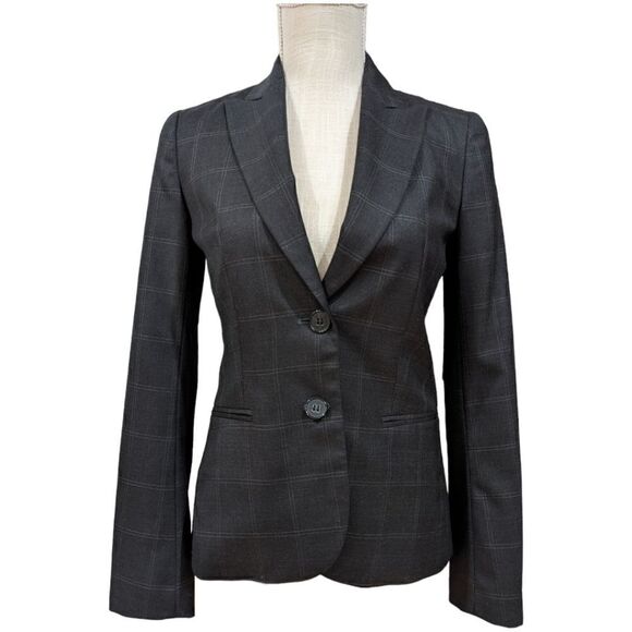 Theory Plaid Charcoal Grey 100% Wool Two Button Blazer Jacket Women's Size 2 - Picture 1 of 11